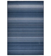 Blue striped rug in machine washable fabric.
