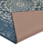 Blue vintage medallion rug with intricate floral patterns and beige backing corner fold
