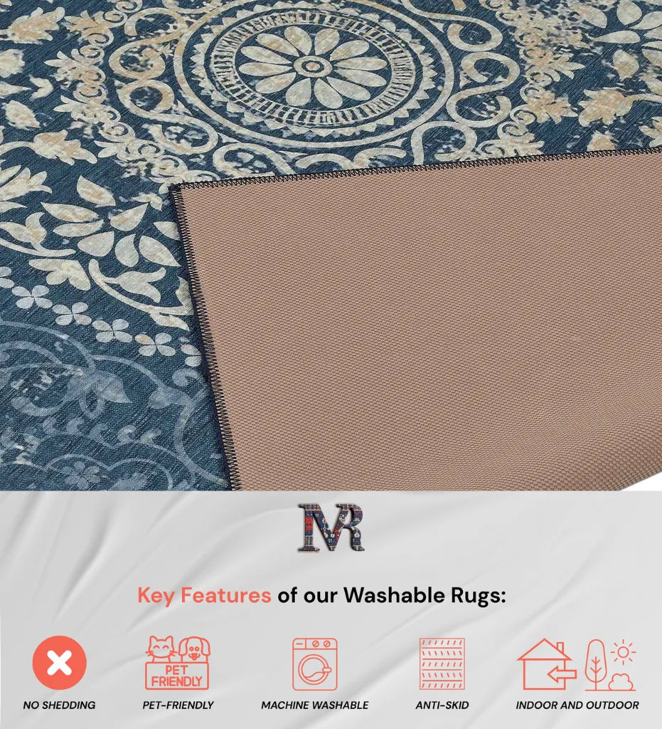Washable traditional medallion rug in blue and neutral tones.