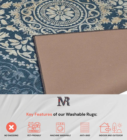 Washable traditional medallion rug in blue and neutral tones.