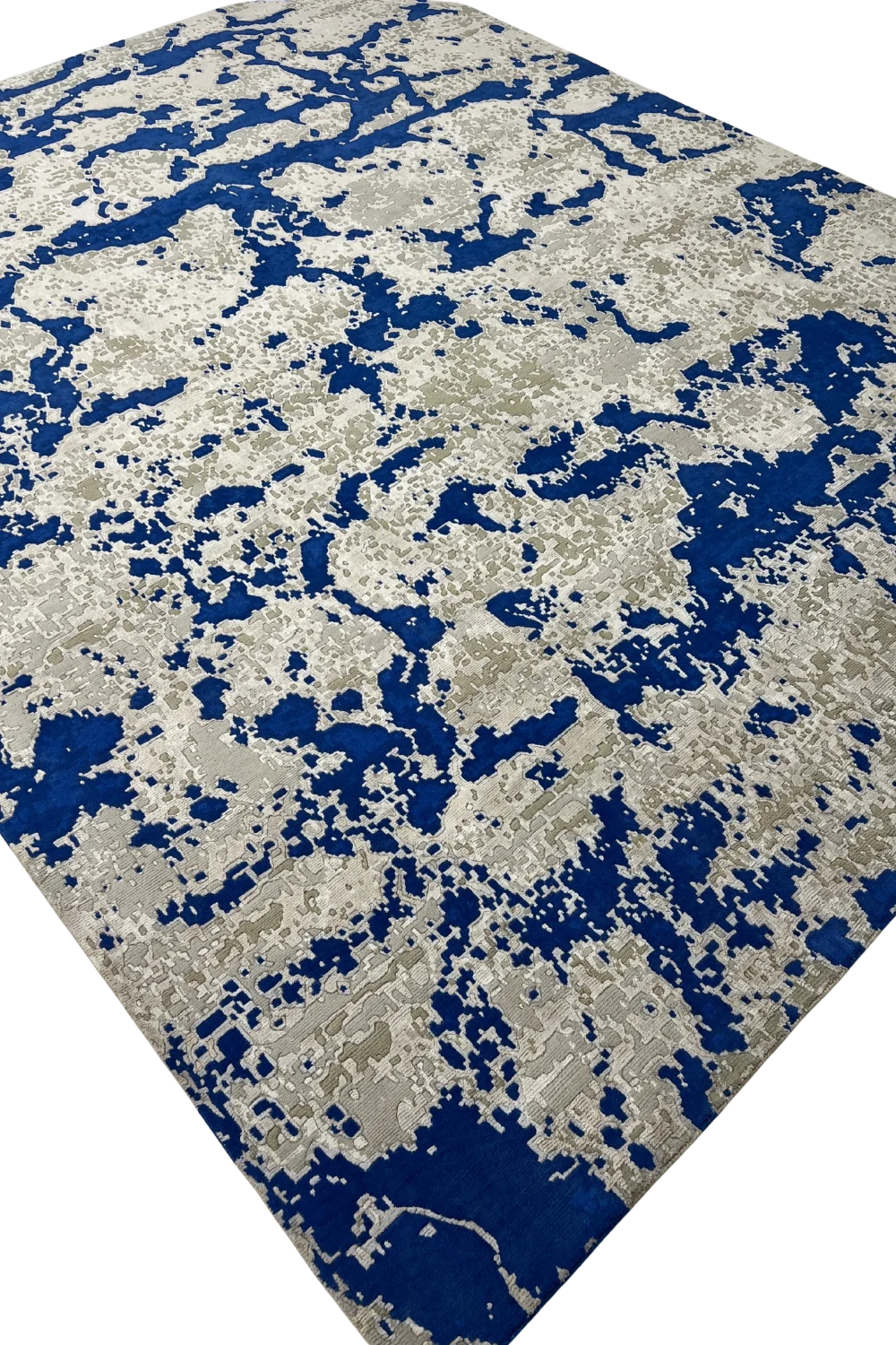 Luxury modern rug with bold blue and beige design.