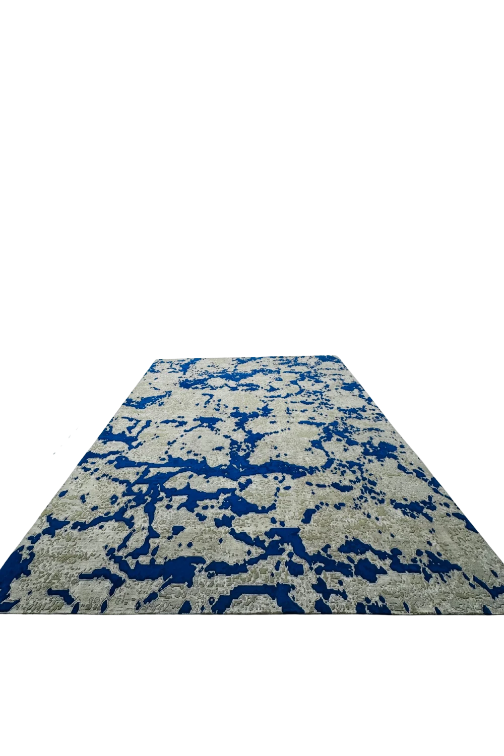 Handwoven modern wool rug with blue and beige digital pixel style.