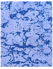 Hand-knotted blue and beige abstract wool rug with pixel pattern.