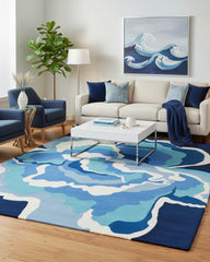 Blue coastal hand-tufted area rug styled in a living room, bringing a calm, airy, and relaxed seaside-inspired accent to the space