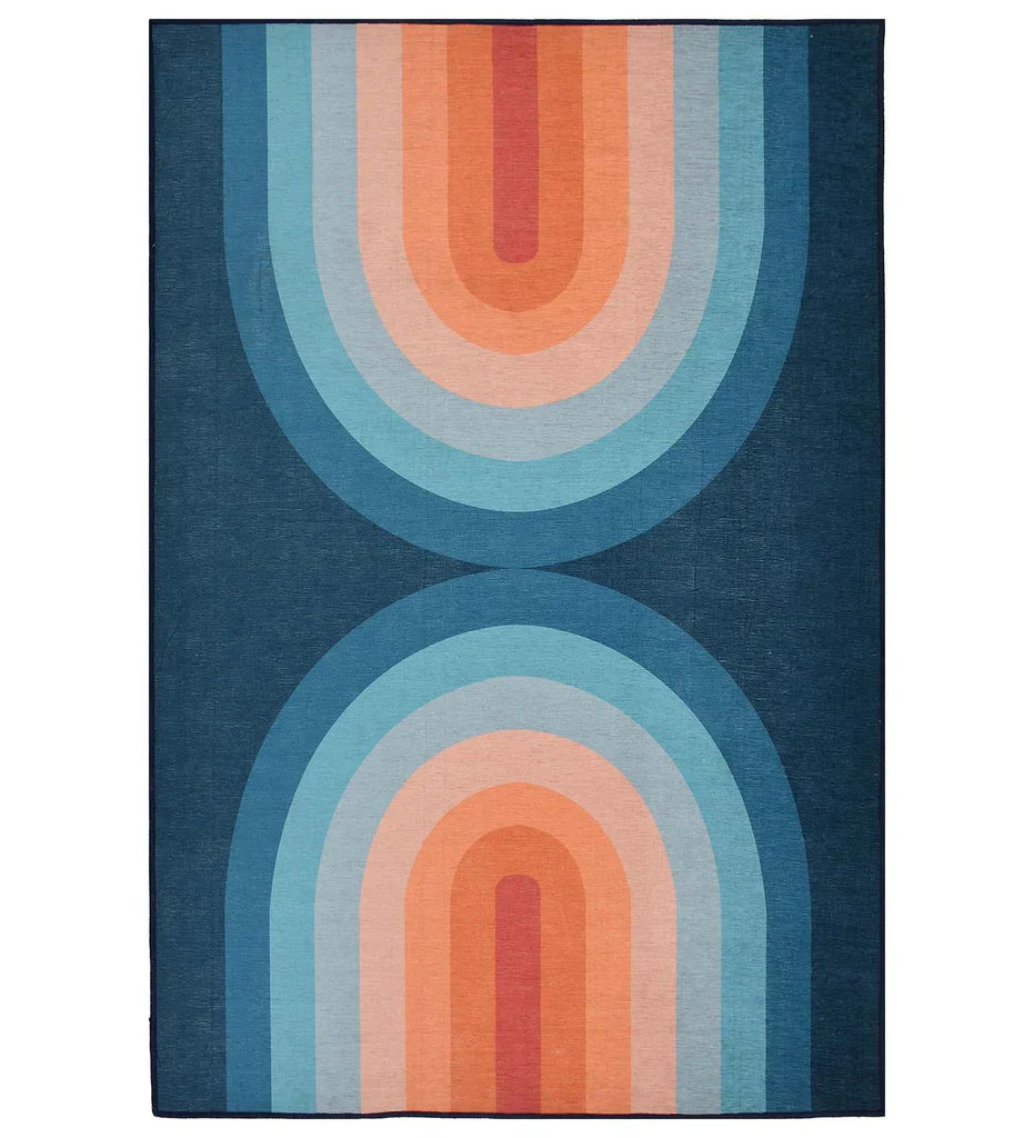 Blue and coral retro geometric arch rug with vintage charm.
