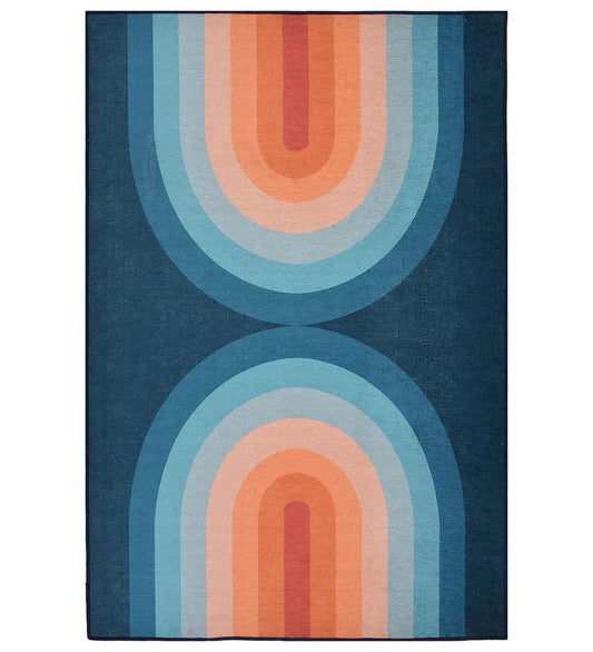 Blue and coral retro geometric arch rug with vintage charm.