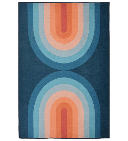 Blue and coral retro geometric arch rug with vintage charm.