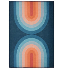 Blue and coral retro geometric arch rug with vintage charm.