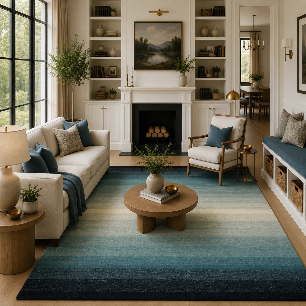 Blue ombre striped wool rug