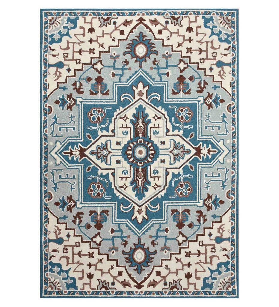 Traditional blue Oriental hand-tufted wool rug with medallion design