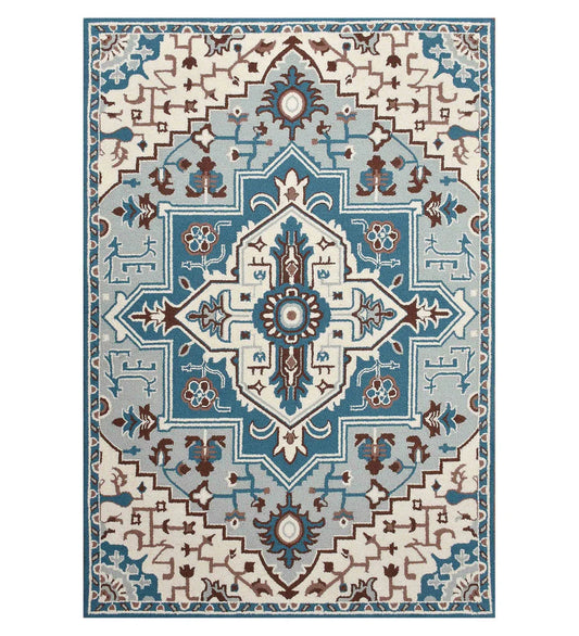 Traditional blue Oriental hand-tufted wool rug with medallion design