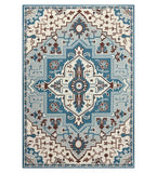 Blue and ivory traditional geometric floral rug with intricate symmetrical patterns