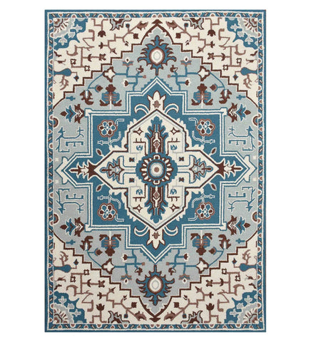 Traditional blue Oriental hand-tufted wool rug with medallion design