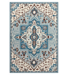 Traditional blue Oriental hand-tufted wool rug with medallion design