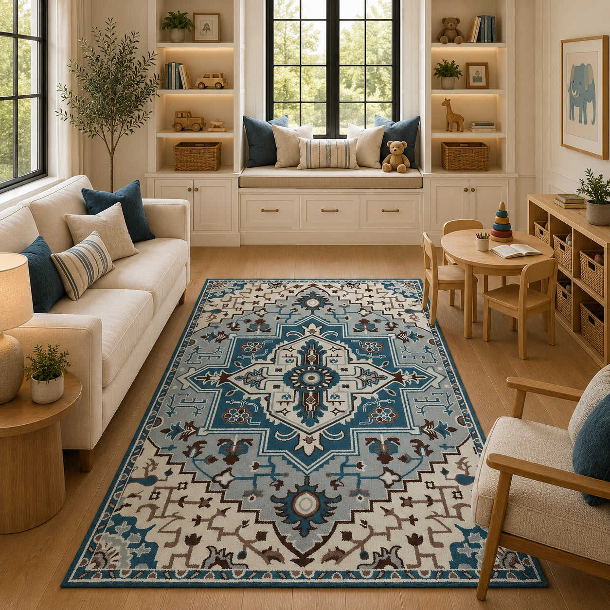 Blue ivory traditional wool rug