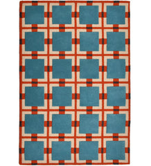Hand-tufted wool rug with retro geometric grid pattern in teal blue, rust red, and ivory.