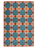 Blue and red retro grid geometric rug with square patterns and a beige background