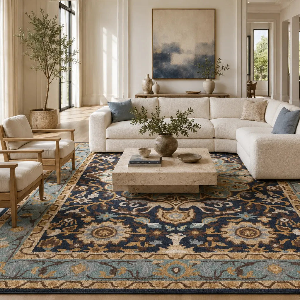 Blue and Beige Traditional Floral Area Rug - Hand Tufted
