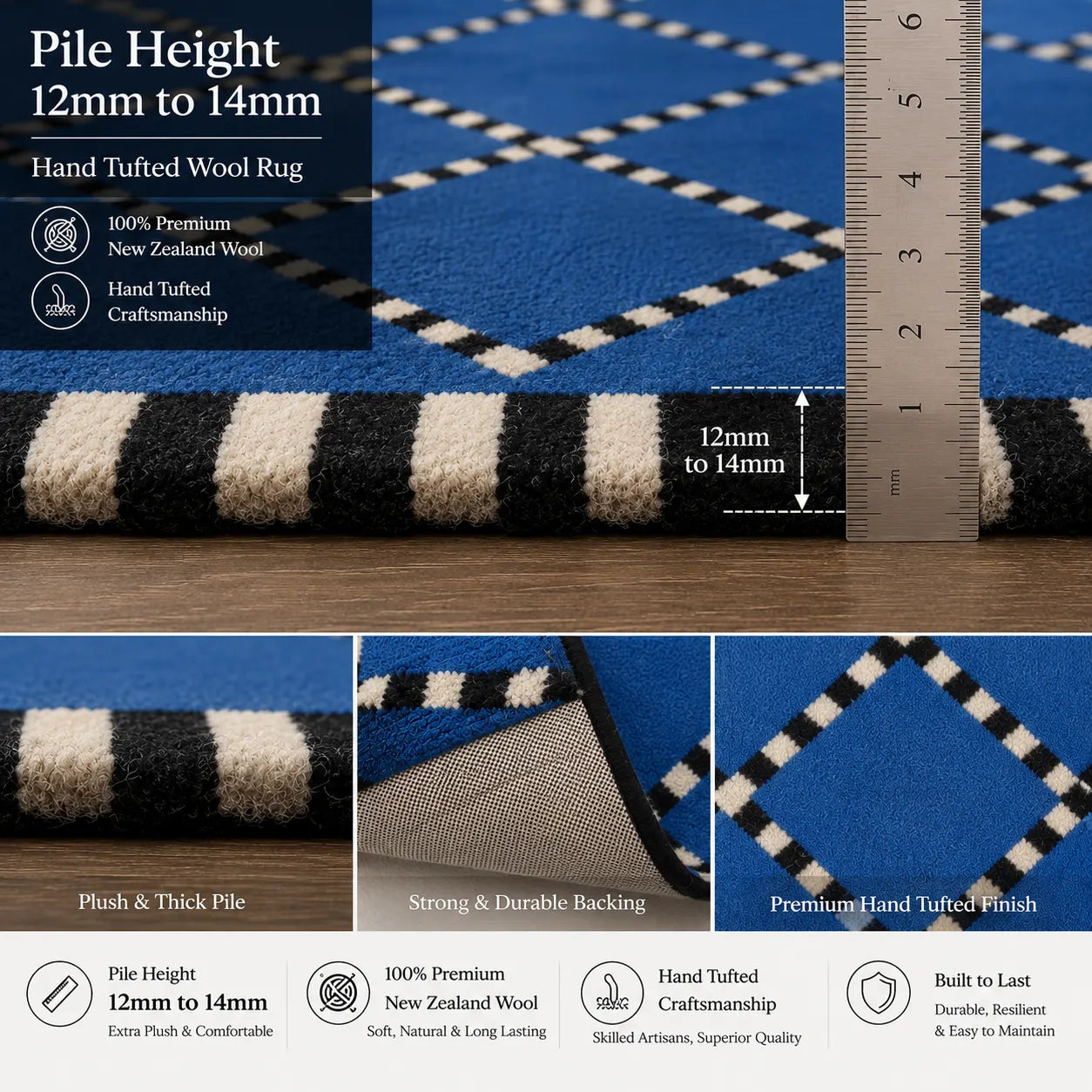 Blue, black, and cream tufted wool rug shown with a metal ruler for scale and text overlays detailing its 12mm to 14mm pile height, premium New Zealand wool, and hand-tufted craftsmanship.