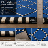 Blue, black, and cream tufted wool rug shown with a metal ruler for scale and text overlays detailing its 12mm to 14mm pile height, premium New Zealand wool, and hand-tufted craftsmanship.