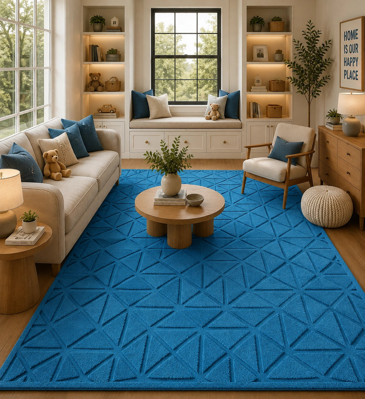 Blue solid geometric wool rug