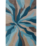 Luxury handwoven abstract rug with swirling blue and beige waves, modern artistic design