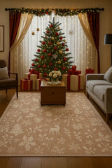 Machine washable holiday rug featuring modern blush and cream Christmas design