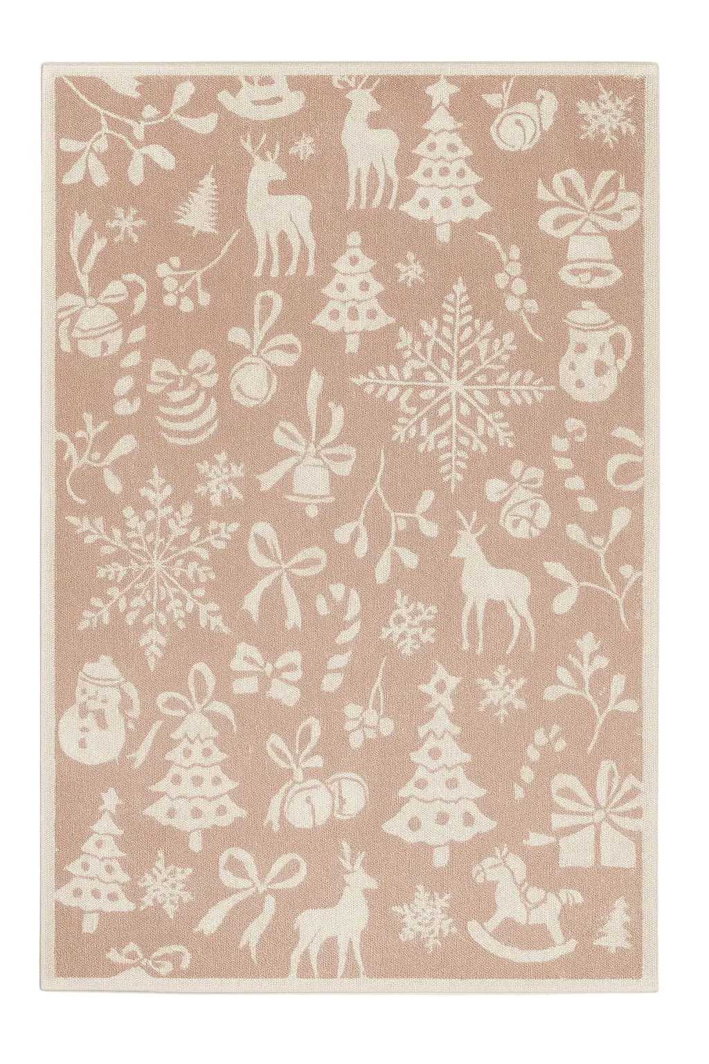 Blush pink Christmas rug with cream reindeer, snowflakes, and festive silhouettes
