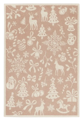 Blush pink Christmas rug with cream reindeer, snowflakes, and festive silhouettes