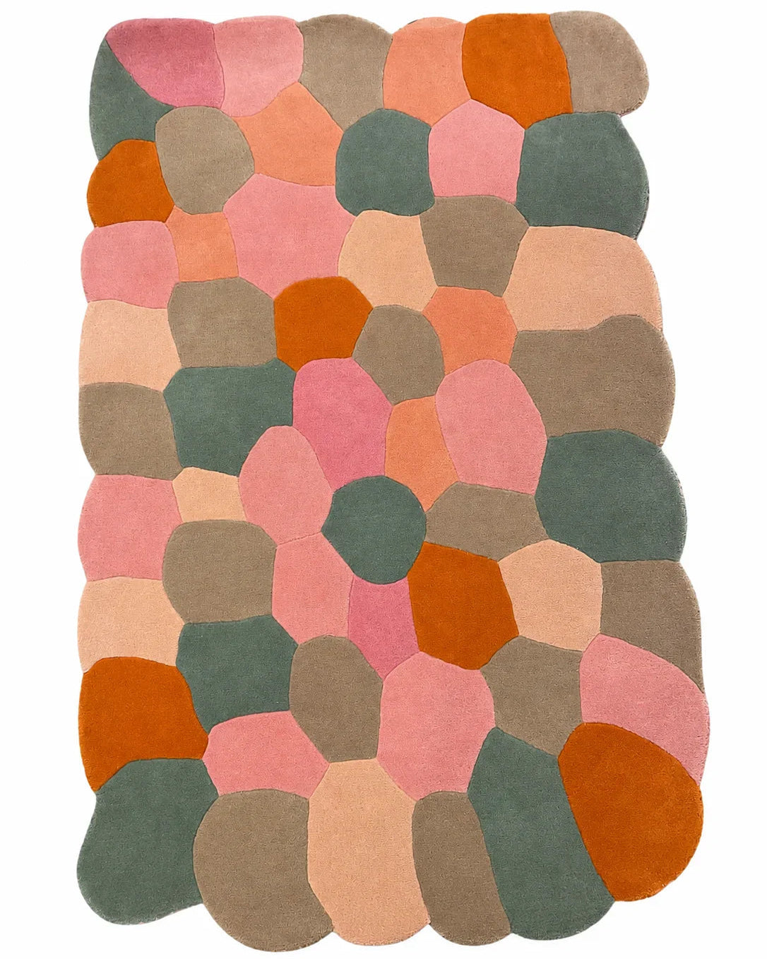 Multicolored geometric patterned rug on a white background