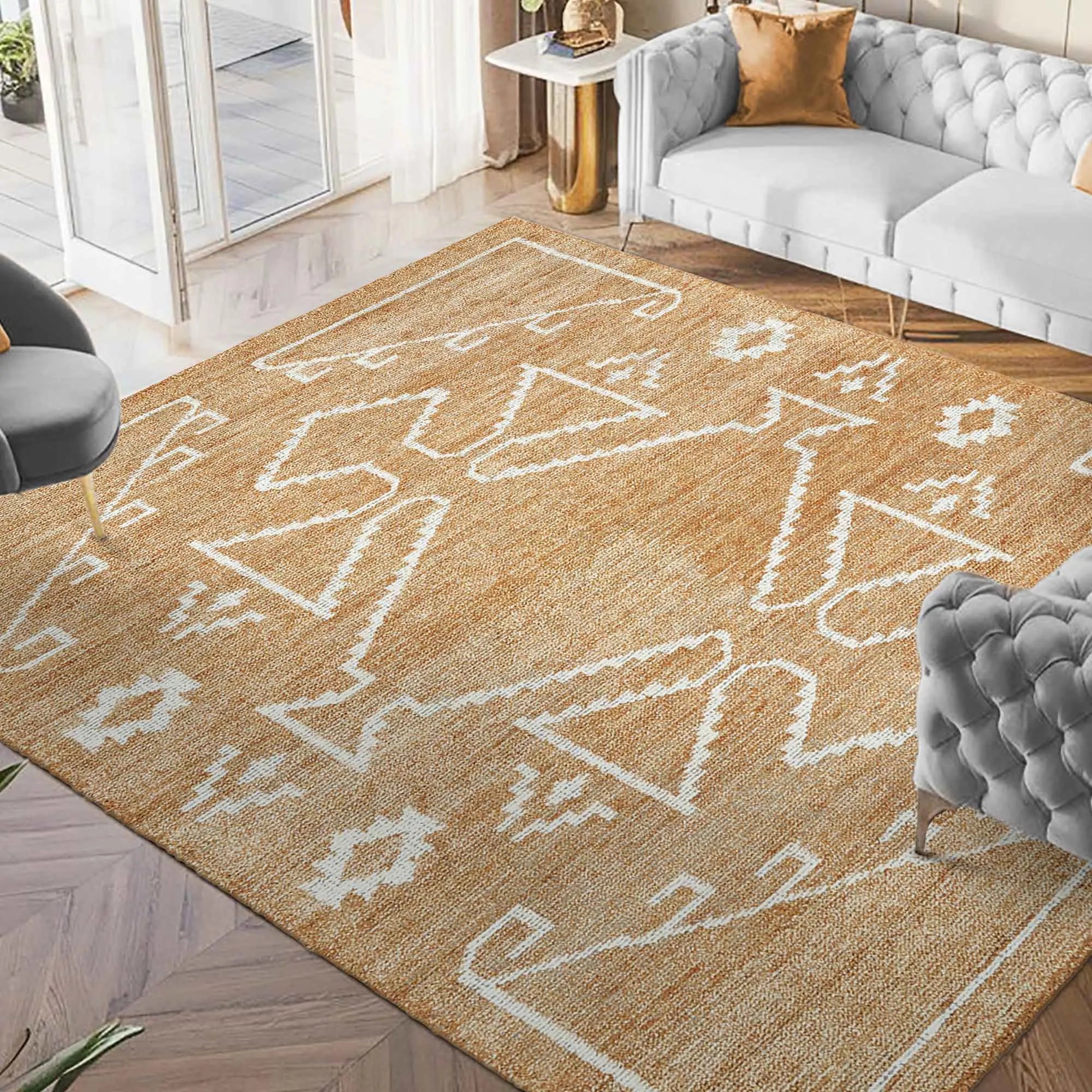 Rustic hand-tufted wool rug with neutral beige and white tones.