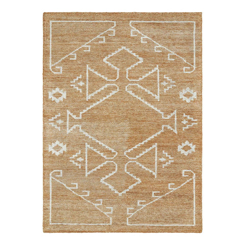 Bohemian hand-tufted wool rug with beige base and white tribal pattern.