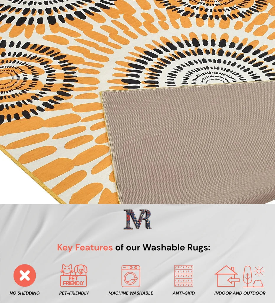 Warm-toned boho rug with sun-inspired pattern.