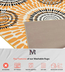 Warm-toned boho rug with sun-inspired pattern.