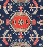 Boho traditional handwoven rug with geometric floral motifs in red, navy blue, green, and beige