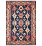 Boho traditional handwoven rug with vibrant geometric and floral patterns in navy, red, beige colors