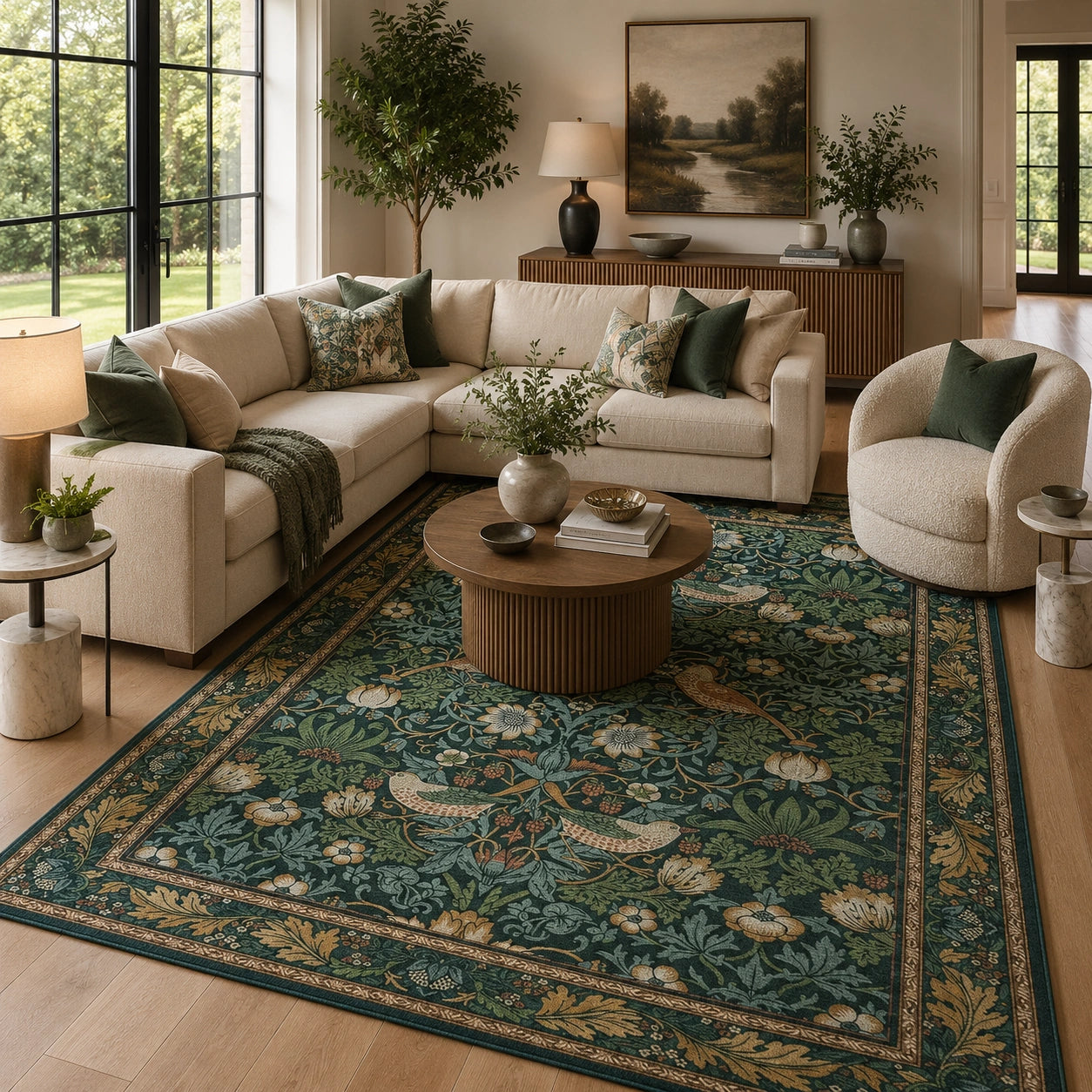 Botanical dark green rug