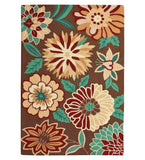Brown hand-tufted wool rug with large multicolored floral patterns in beige, green, and red