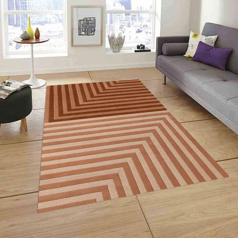 Brown Geometric Striped Hand Tufted Rug in Living room