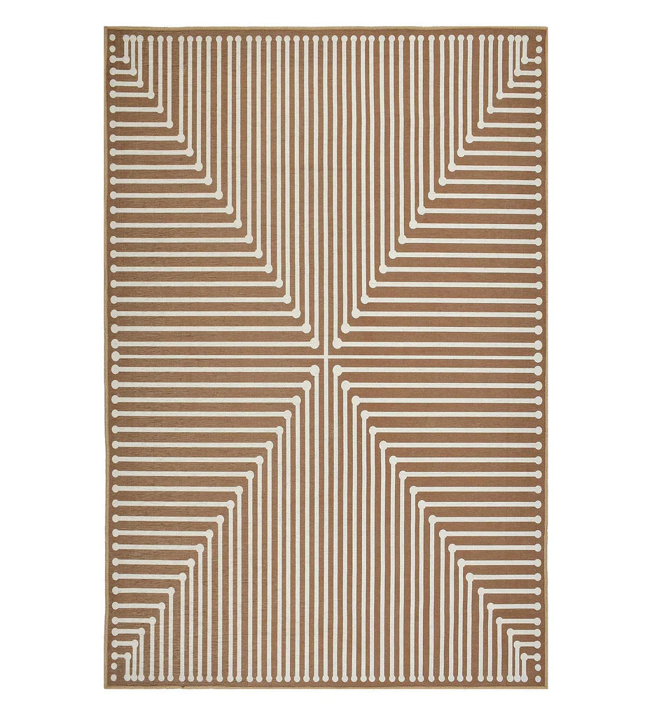 Brown Modern Geometric Rug with bold abstract shapes.