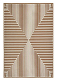 Brown modern geometric rug with white linear patterns and dot accents, luxury handwoven design