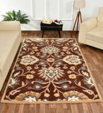 Hand-tufted brown wool rug with floral patterns in beige, blue, and yellow in a modern living room