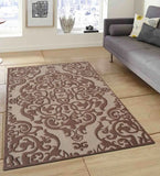 Traditional wool rug with embossed damask design in beige and brown