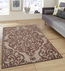 Traditional wool rug with embossed damask design in beige and brown