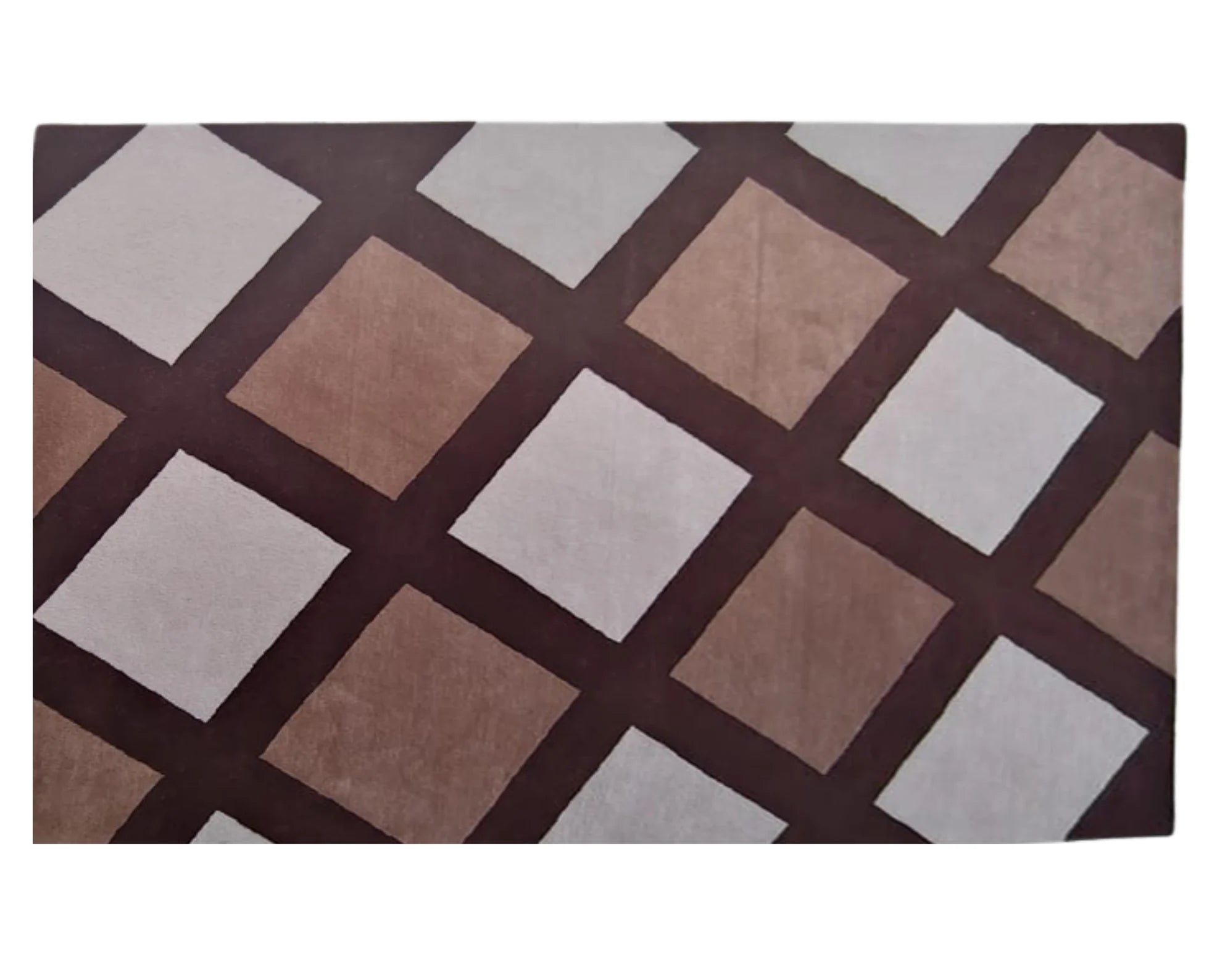 Luxury modern area rug featuring brown lattice and beige squares.