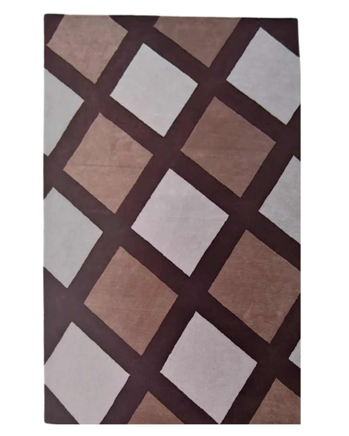 Brown and beige hand-tufted wool rug with geometric diamond grid pattern.