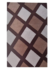 Brown and beige hand-tufted wool rug with geometric diamond grid pattern.