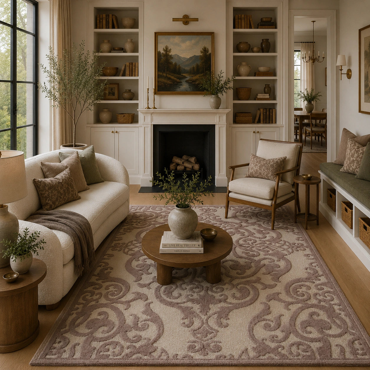 Brown beige damask wool rug