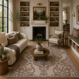 Brown beige damask wool rug