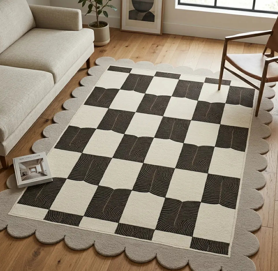 Checkered rug with scalloped edge in a living room setting